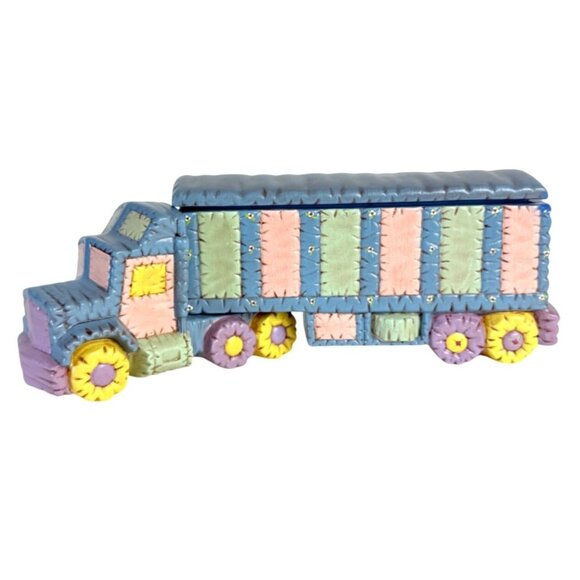 Patchwork Semi Truck Trinket Box Ceramic VTG 70s Kitschy Decor Rare OOAK Driver - Picture 1 of 16